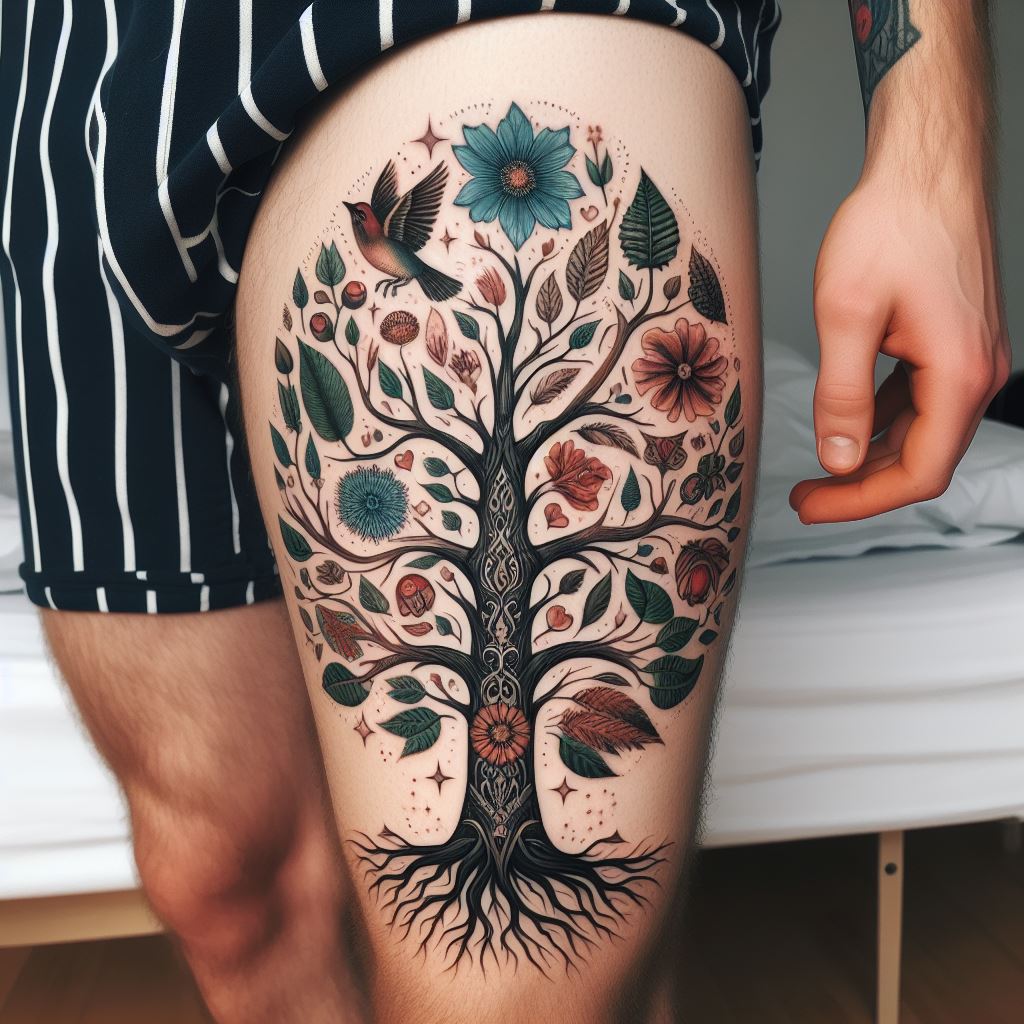 A tattoo on the upper thigh featuring a family tree that incorporates elements of nature significant to the family's history, such as the national flower or bird. The tree itself is stylized, with each branch uniquely designed to reflect these elements, blending personal and cultural heritage into a beautiful and meaningful composition.