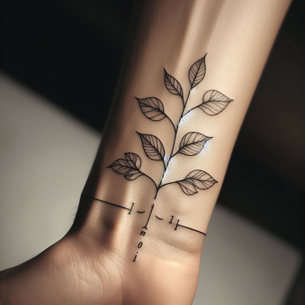 An elegant tattoo on the inner wrist, where a simple yet profound family tree consists of a single line that branches out to form minimalistic leaves. Each leaf is annotated with an initial, creating a discreet yet powerful representation of family connections that can be carried closely and viewed easily.