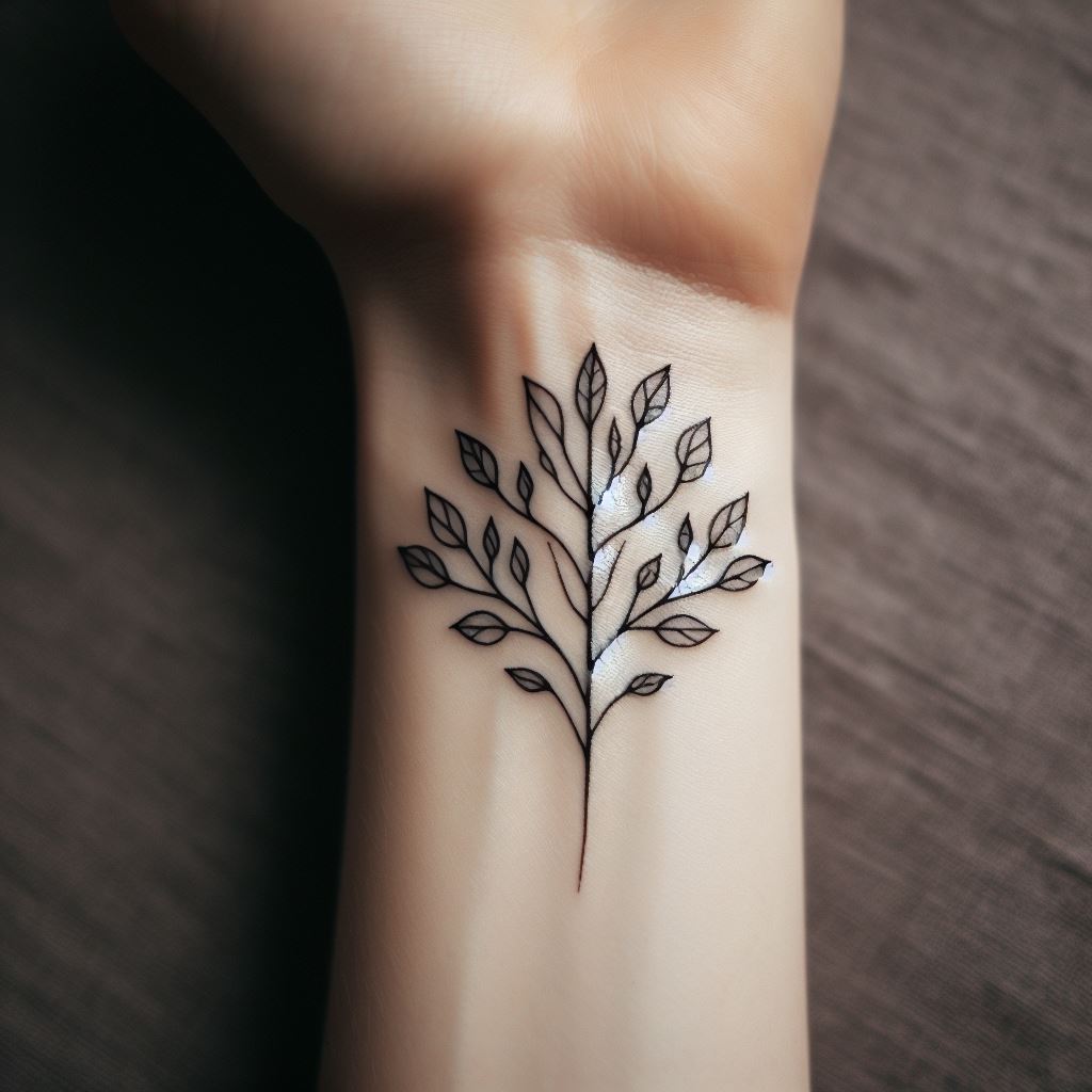 An elegant tattoo on the inner wrist, where a simple yet profound family tree consists of a single line that branches out to form minimalistic leaves. Each leaf is annotated with an initial, creating a discreet yet powerful representation of family connections that can be carried closely and viewed easily.