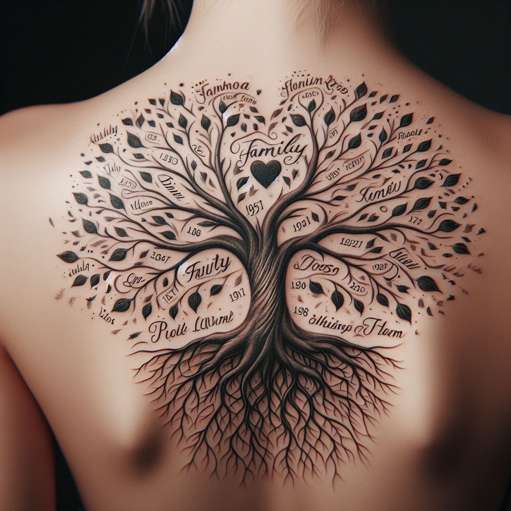 A tattoo on the shoulder, depicting a family tree where the roots and branches form a heart shape around the trunk, symbolizing love as the core of family. The names of family members flutter around the tree like leaves, with special dates engraved on the trunk. This design combines symbolism with personal detail, creating a visually stunning tribute.