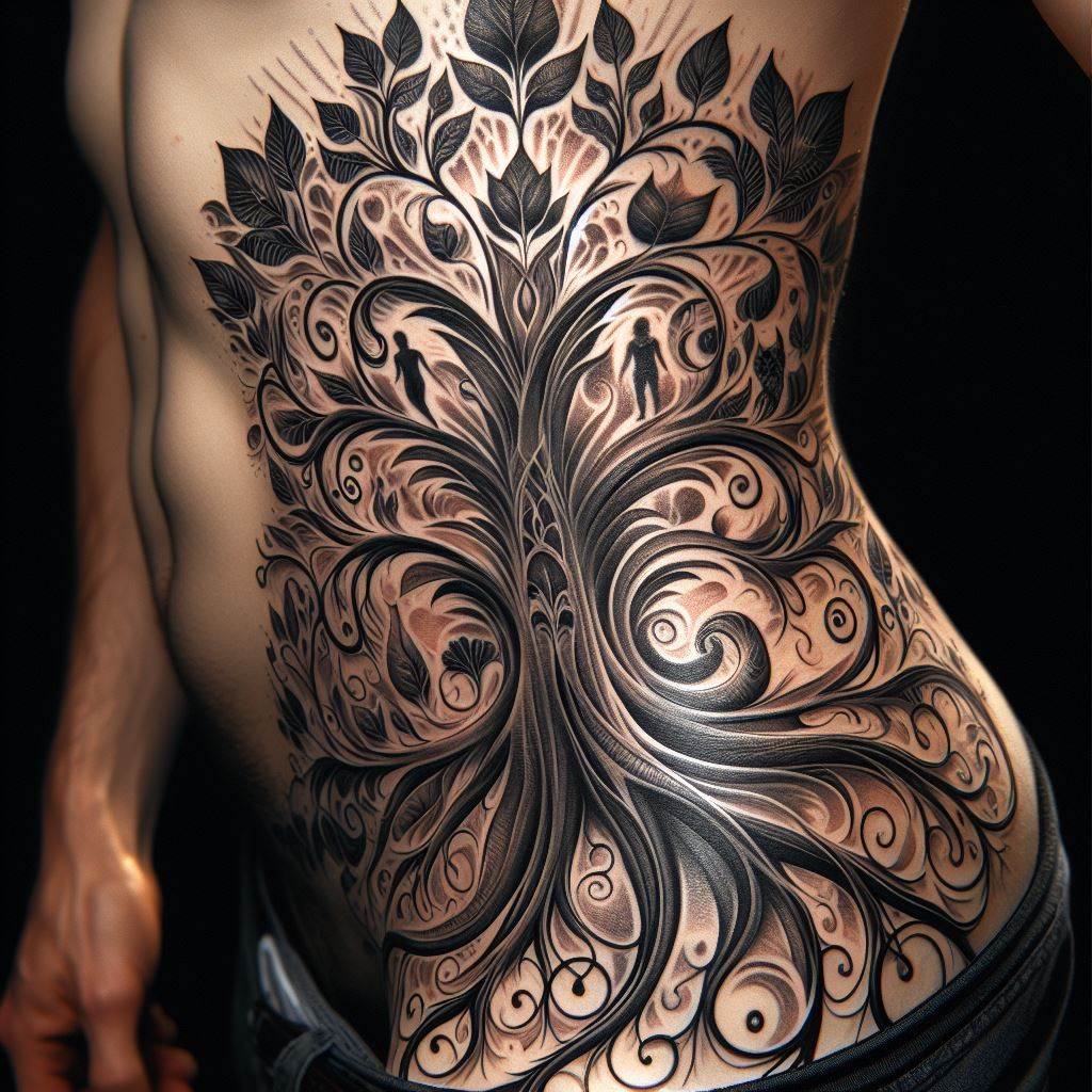 An expansive tattoo on the side of the body, from the hip to the armpit, featuring a sprawling family tree in an art nouveau style. Elegant curves form the branches and roots, with each family member represented by a uniquely designed leaf or flower. The tattoo is filled with intricate details and soft shading, making it a true work of art that celebrates the beauty and complexity of family relationships.
