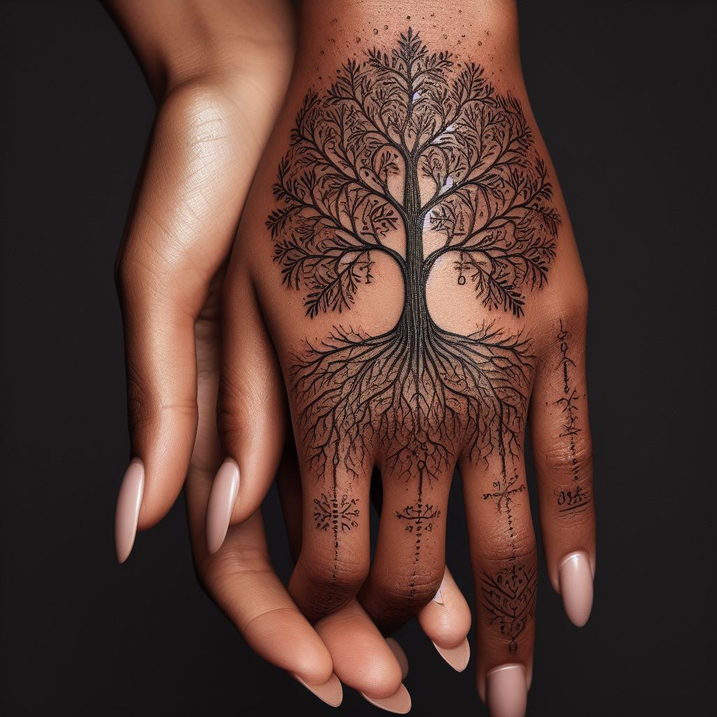 A tattoo on the back of the hand, featuring a small, intricate family tree where the roots and branches form a delicate lacework. Each node where branches meet represents a family member, with tiny initials carved into the bark. This design combines elegance and visibility, making a statement about the wearer's pride in their lineage.
