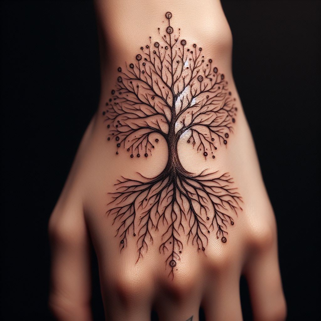 A tattoo on the back of the hand, featuring a small, intricate family tree where the roots and branches form a delicate lacework. Each node where branches meet represents a family member, with tiny initials carved into the bark. This design combines elegance and visibility, making a statement about the wearer's pride in their lineage.