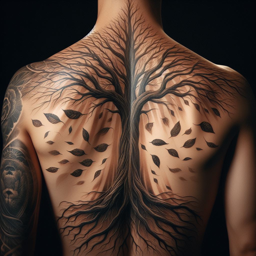An artistic tattoo along the spine, where a family tree rises from the base of the back, stretching upwards with its branches spreading across the shoulder blades. The tree is designed with realistic textures and shadows, making it appear as though it's an extension of the body itself. Leaves flutter down the spine, each leaf signifying a loved one, creating a beautiful narrative of family history.