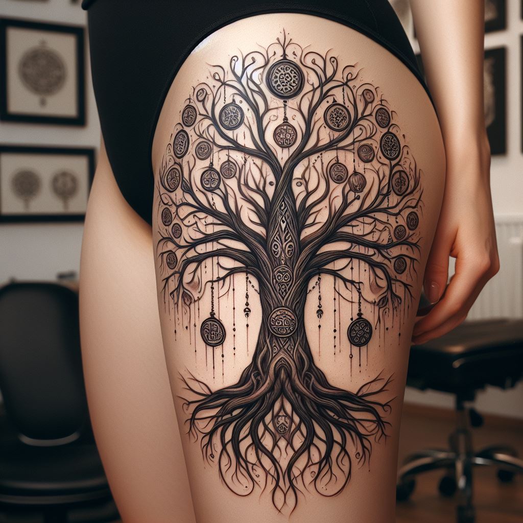 A tattoo on the outer thigh, depicting a robust family tree with sprawling branches that wrap around the leg. Each branch is thick and detailed, with various symbols hanging from them like lanterns, each symbolizing a different family tradition or value. This design not only celebrates family connections but also the unique traditions that define the family's identity.