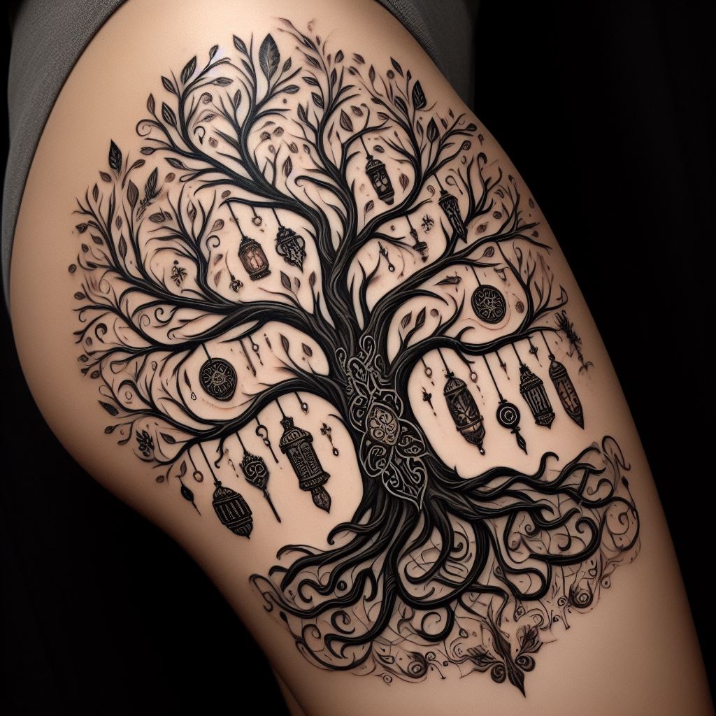 A tattoo on the outer thigh, depicting a robust family tree with sprawling branches that wrap around the leg. Each branch is thick and detailed, with various symbols hanging from them like lanterns, each symbolizing a different family tradition or value. This design not only celebrates family connections but also the unique traditions that define the family's identity.