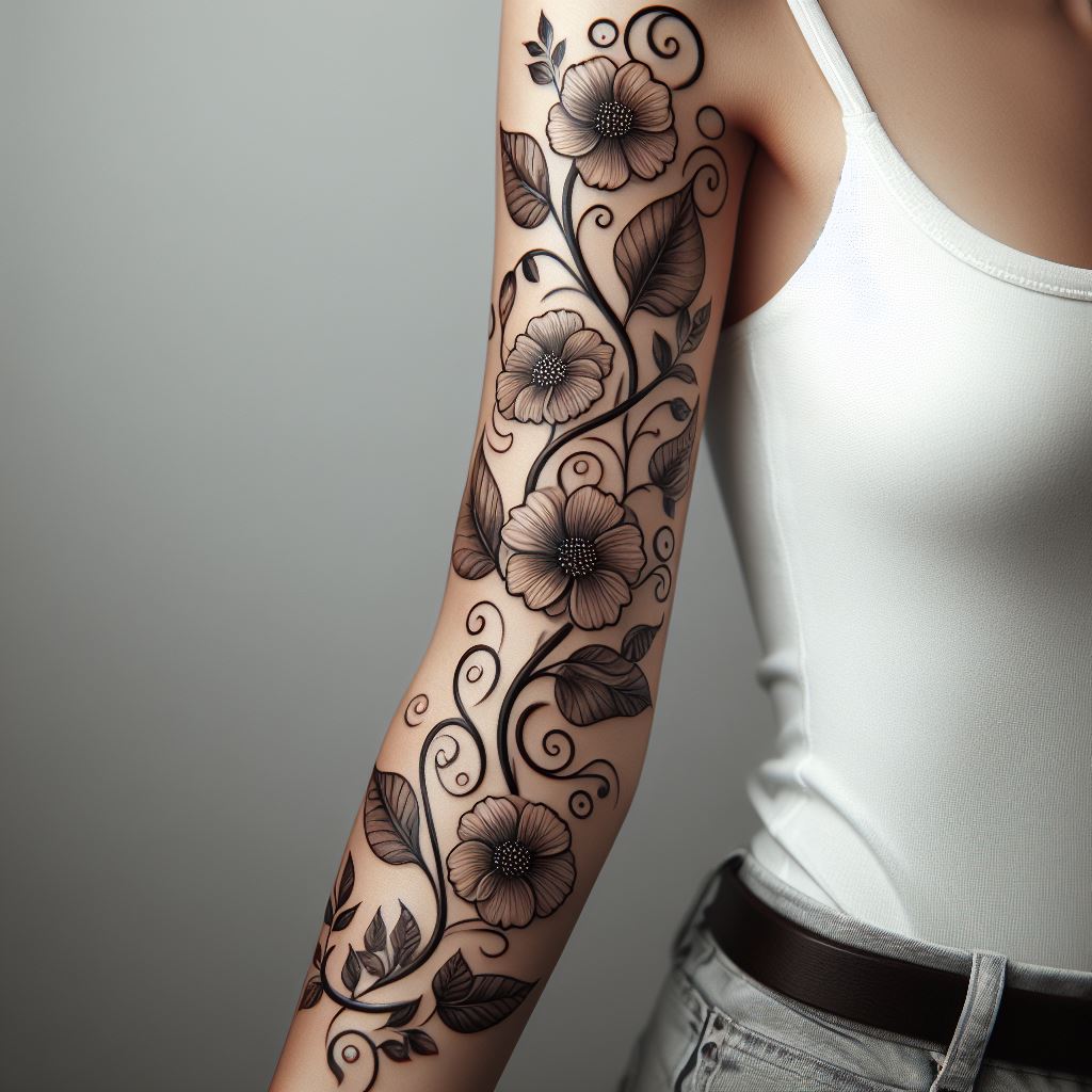 An elegant tattoo on the forearm, where a vine-like family tree wraps around the arm, with leaves and flowers blooming at intervals. Each bloom represents a family member, with their initials subtly integrated into the petals. The tattoo's continuous wraparound design symbolizes the never-ending nature of family bonds.