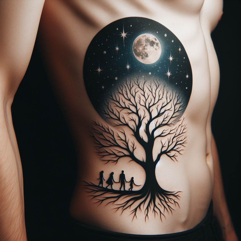 A tattoo on the side of the rib cage, featuring a family tree in a silhouette against a moonlit sky. The branches reach towards the moon, with stars dotting the sky representing family members who have passed on but still guide the family. This design combines elements of remembrance and guidance, highlighting the eternal presence of loved ones.