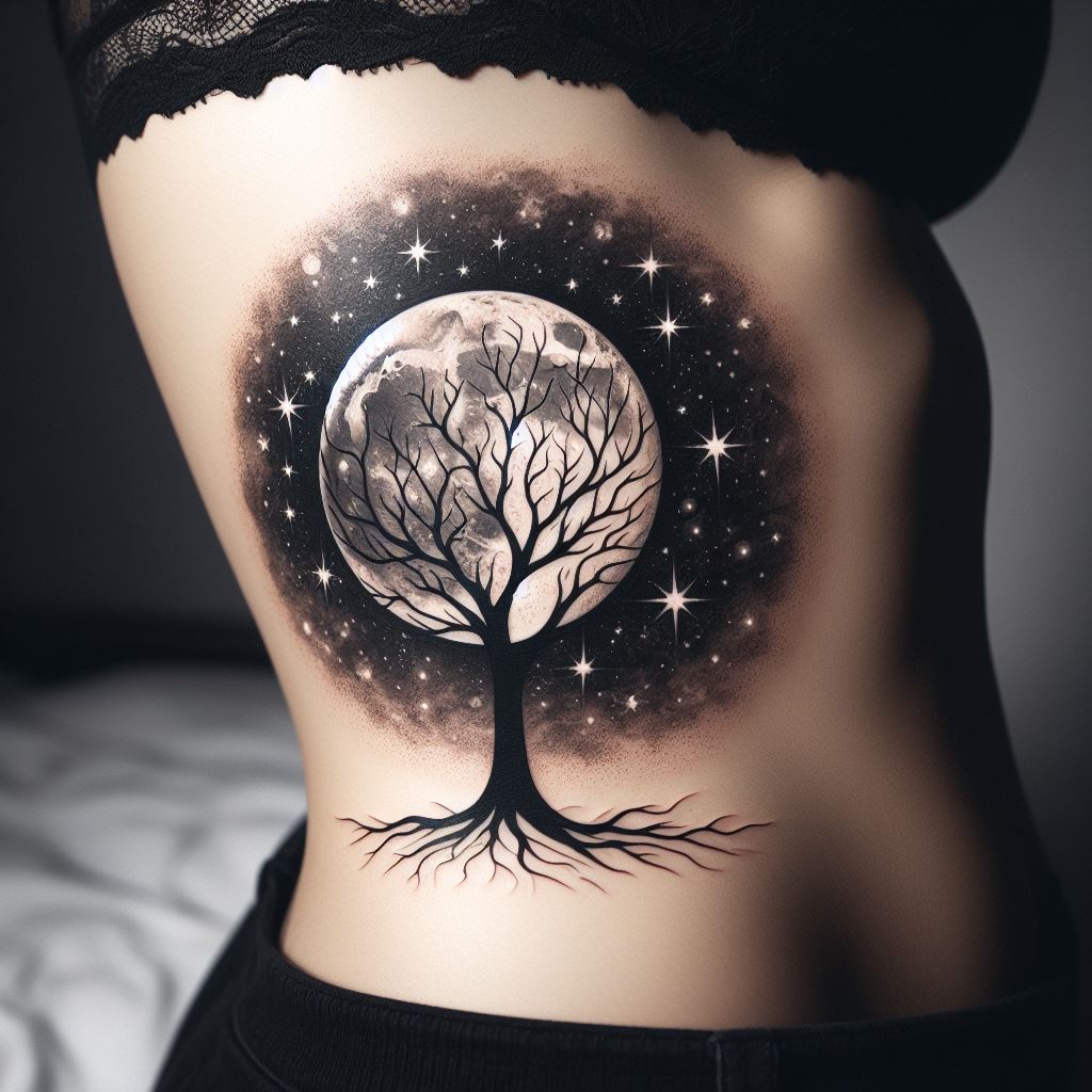 A tattoo on the side of the rib cage, featuring a family tree in a silhouette against a moonlit sky. The branches reach towards the moon, with stars dotting the sky representing family members who have passed on but still guide the family. This design combines elements of remembrance and guidance, highlighting the eternal presence of loved ones.