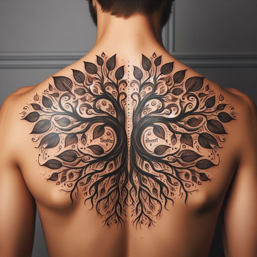 A tattoo across both shoulders, depicting two halves of a family tree that come together to form a complete picture. This symmetrical design symbolizes balance and unity within the family, with roots intertwining at the center and branches reaching outwards. Each leaf is detailed with a family member's name, creating a harmonious and comprehensive family emblem.