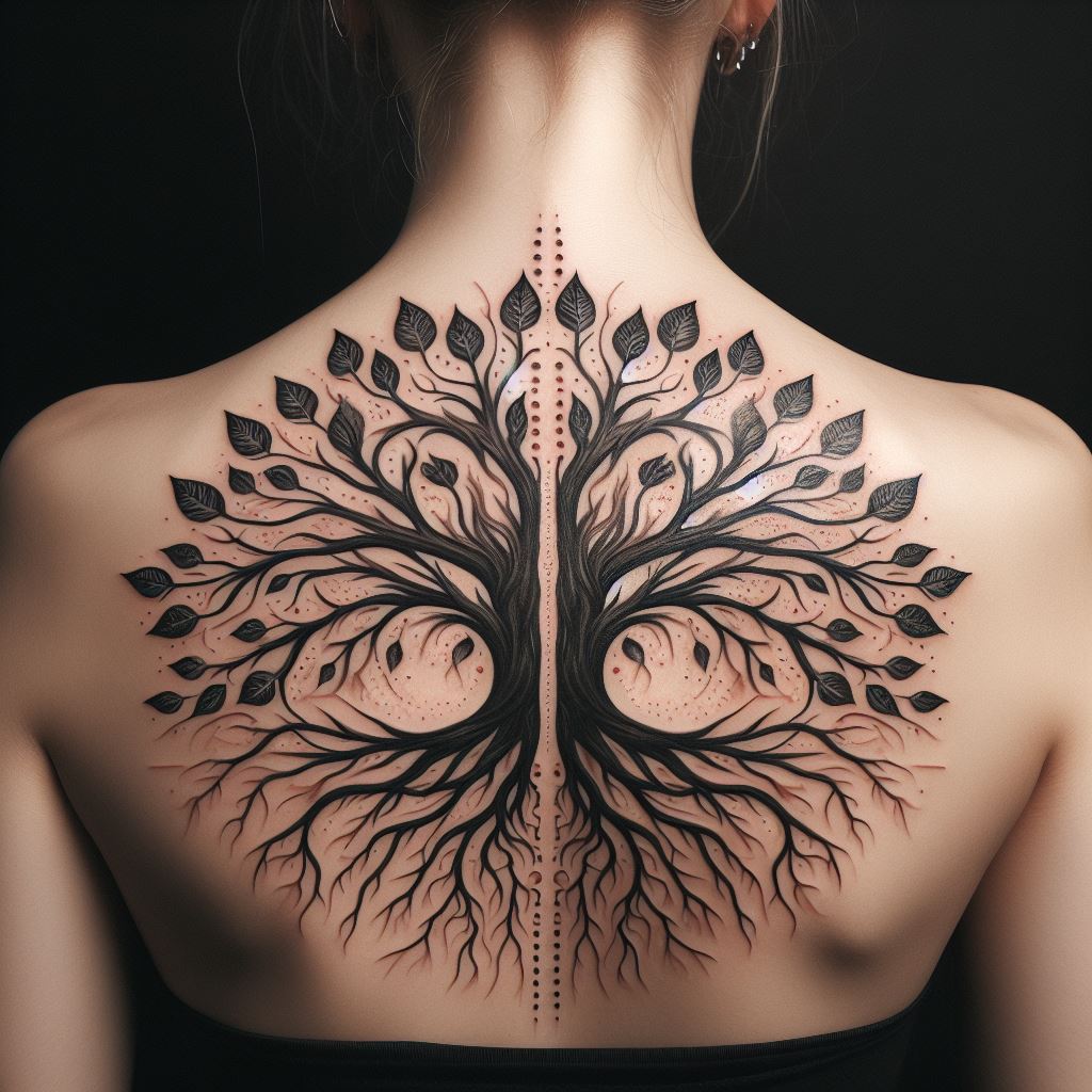 A tattoo across both shoulders, depicting two halves of a family tree that come together to form a complete picture. This symmetrical design symbolizes balance and unity within the family, with roots intertwining at the center and branches reaching outwards. Each leaf is detailed with a family member's name, creating a harmonious and comprehensive family emblem.