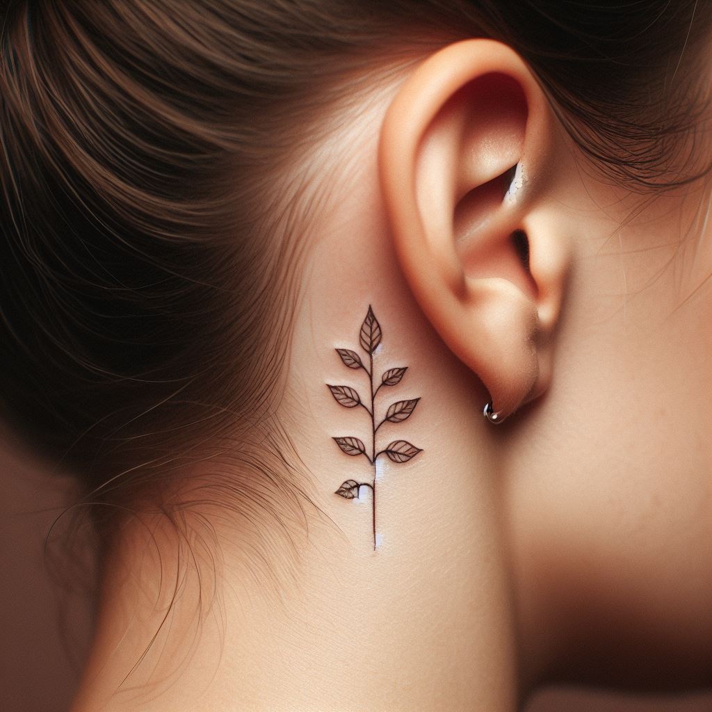 An intimate tattoo behind the ear, featuring a tiny, minimalist family tree with clean lines and a single leaf for each family member. This discreet placement offers a personal reminder of family close to the wearer's thoughts, blending simplicity with deep meaning.