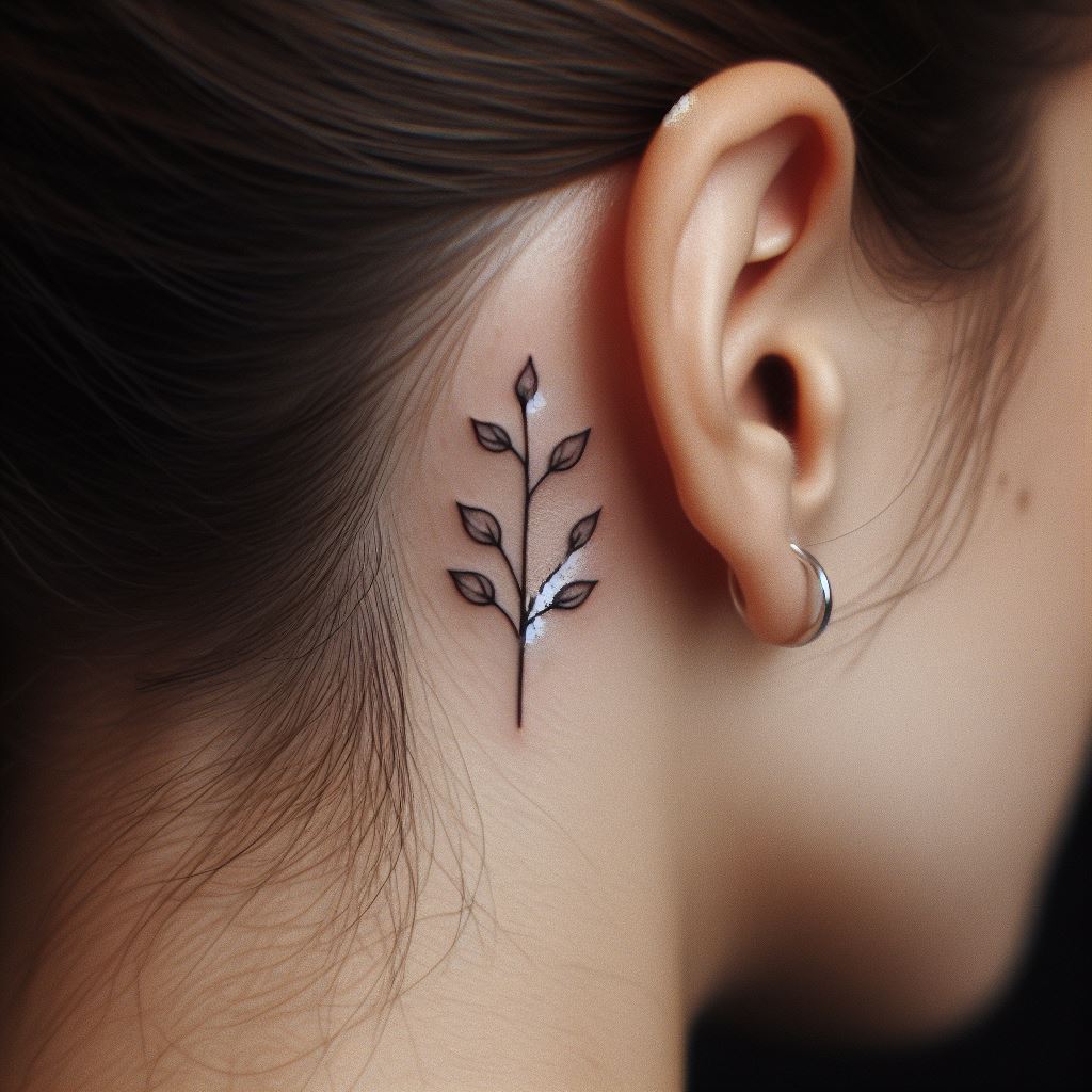 An intimate tattoo behind the ear, featuring a tiny, minimalist family tree with clean lines and a single leaf for each family member. This discreet placement offers a personal reminder of family close to the wearer's thoughts, blending simplicity with deep meaning.