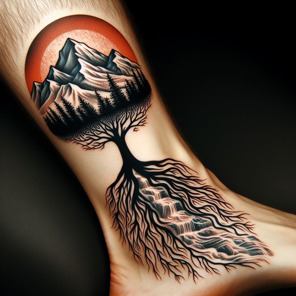 A tattoo on the calf, where a family tree transforms into a landscape scene, with the tree's roots forming a mountain range and its branches morphing into a flowing river. This imaginative design symbolizes the journey and foundation of family, with each natural element representing different aspects of family life and heritage.