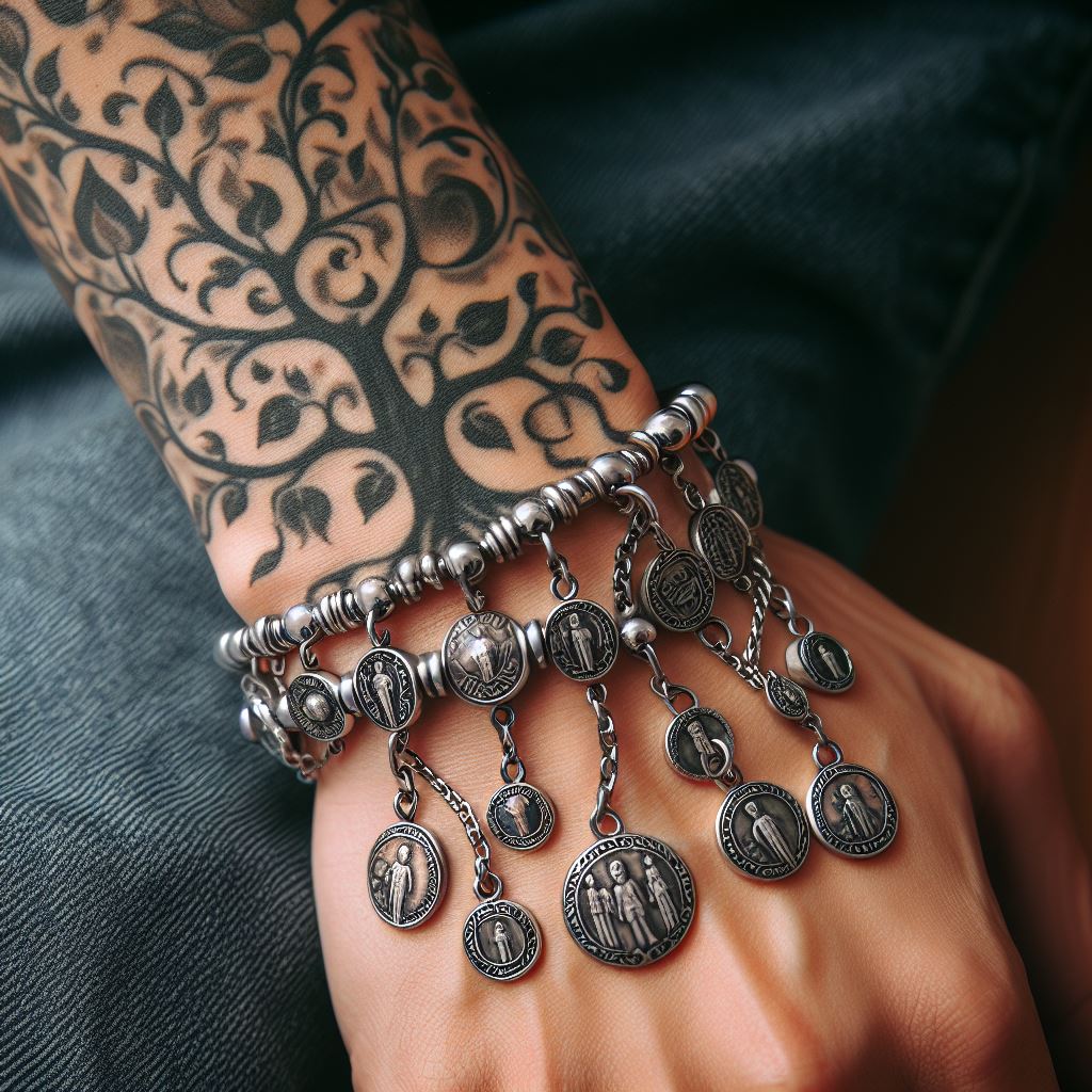 A tattoo encircling the wrist, designed as a family tree bracelet. Each link of the bracelet represents a different generation, with charms hanging from it symbolizing individual family members. This design merges jewelry and tattoo art, creating a personal and stylish homage to family ties.