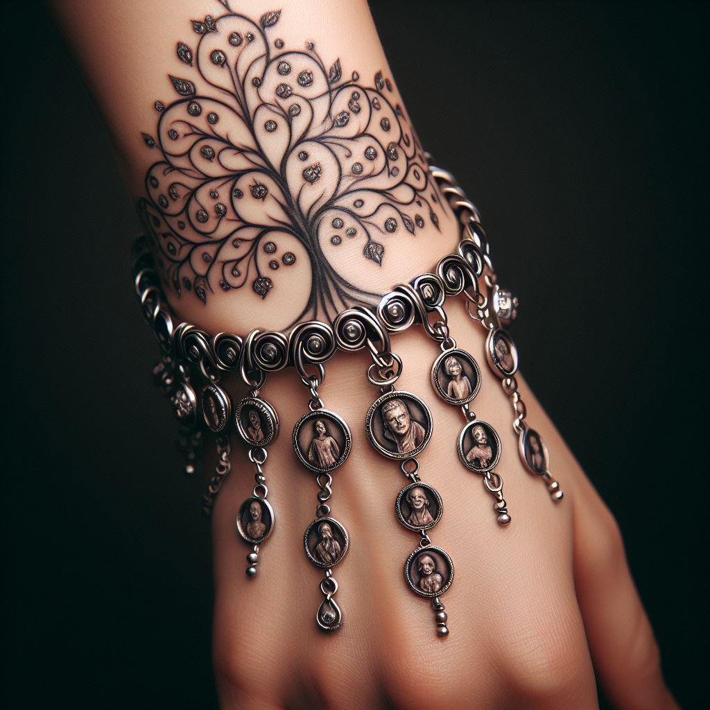 A tattoo encircling the wrist, designed as a family tree bracelet. Each link of the bracelet represents a different generation, with charms hanging from it symbolizing individual family members. This design merges jewelry and tattoo art, creating a personal and stylish homage to family ties.