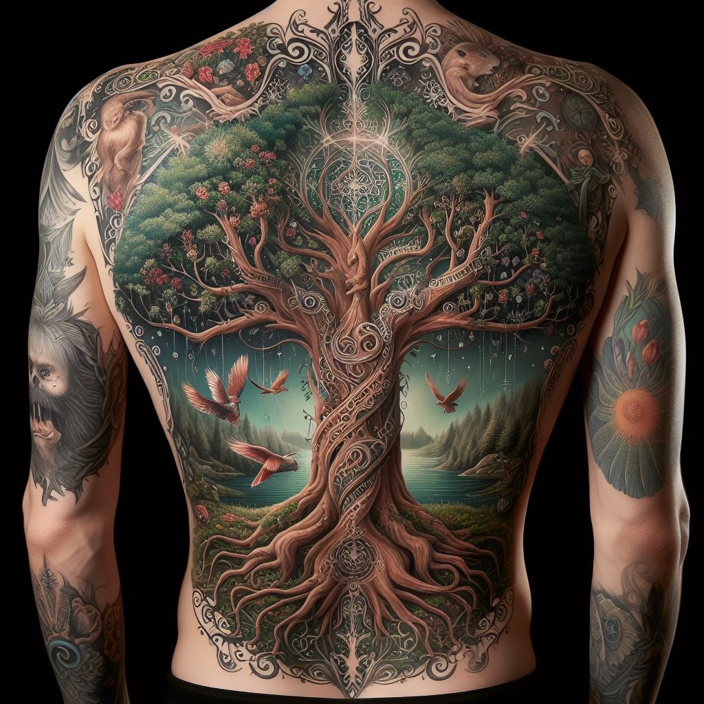 An expansive tattoo on the full back, depicting a grand family tree in an enchanted forest setting. The tree is at the center, with elaborate branches and roots, surrounded by flora and fauna that hold special meanings to the family. This magical design transports the viewer into a storybook, where each element tells a part of the family's unique story, making it a living tapestry of lineage and lore.