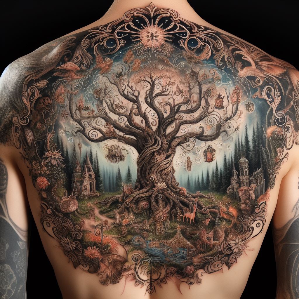 An expansive tattoo on the full back, depicting a grand family tree in an enchanted forest setting. The tree is at the center, with elaborate branches and roots, surrounded by flora and fauna that hold special meanings to the family. This magical design transports the viewer into a storybook, where each element tells a part of the family's unique story, making it a living tapestry of lineage and lore.