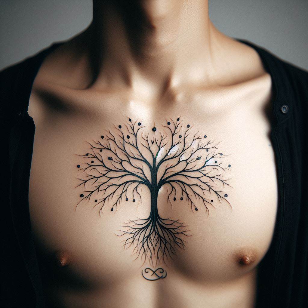 A tattoo on the upper chest, just over the heart, featuring a minimalist family tree with branches that extend outwards in elegant curves. Each branch tip is marked with a single dot, symbolizing a family member, and the roots intertwine to form an infinity symbol below, representing eternal love and connection within the family.
