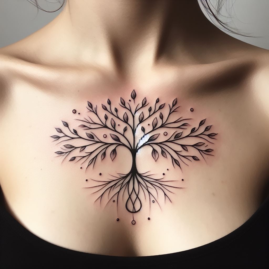 A tattoo on the upper chest, just over the heart, featuring a minimalist family tree with branches that extend outwards in elegant curves. Each branch tip is marked with a single dot, symbolizing a family member, and the roots intertwine to form an infinity symbol below, representing eternal love and connection within the family.