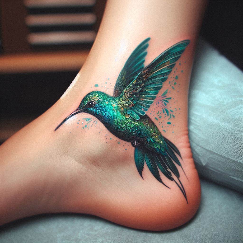 An intricate hummingbird tattoo positioned delicately on the ankle, featuring vibrant shades of green and blue. The bird is depicted in mid-flight, with its wings spread wide and detailed feathers that shimmer with a hint of metallic ink, adding a unique texture and depth to the tattoo.