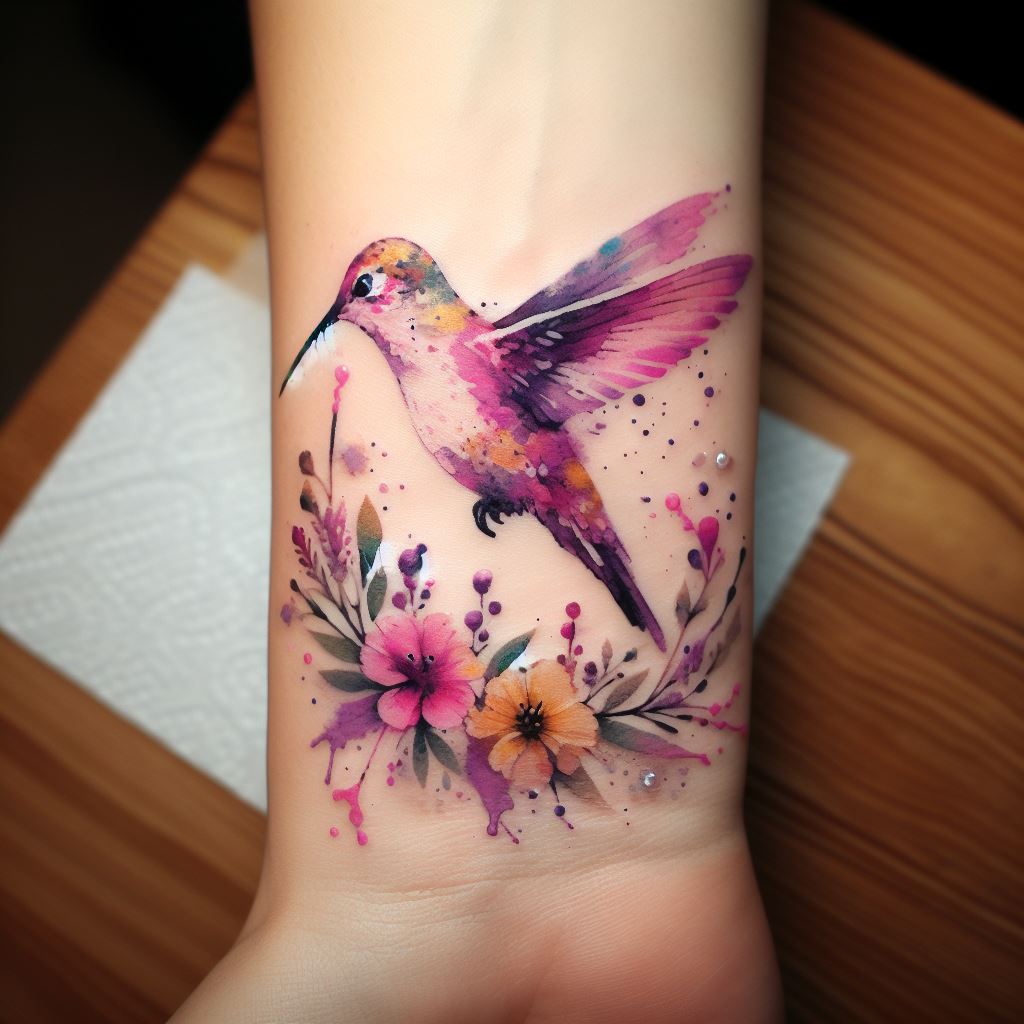 A whimsical hummingbird tattoo on the wrist, designed with watercolor effects that blend seamlessly into the skin. This tattoo showcases the hummingbird hovering over a small cluster of wildflowers, with splashes of pink, purple, and yellow ink that give it a soft, dreamy quality.