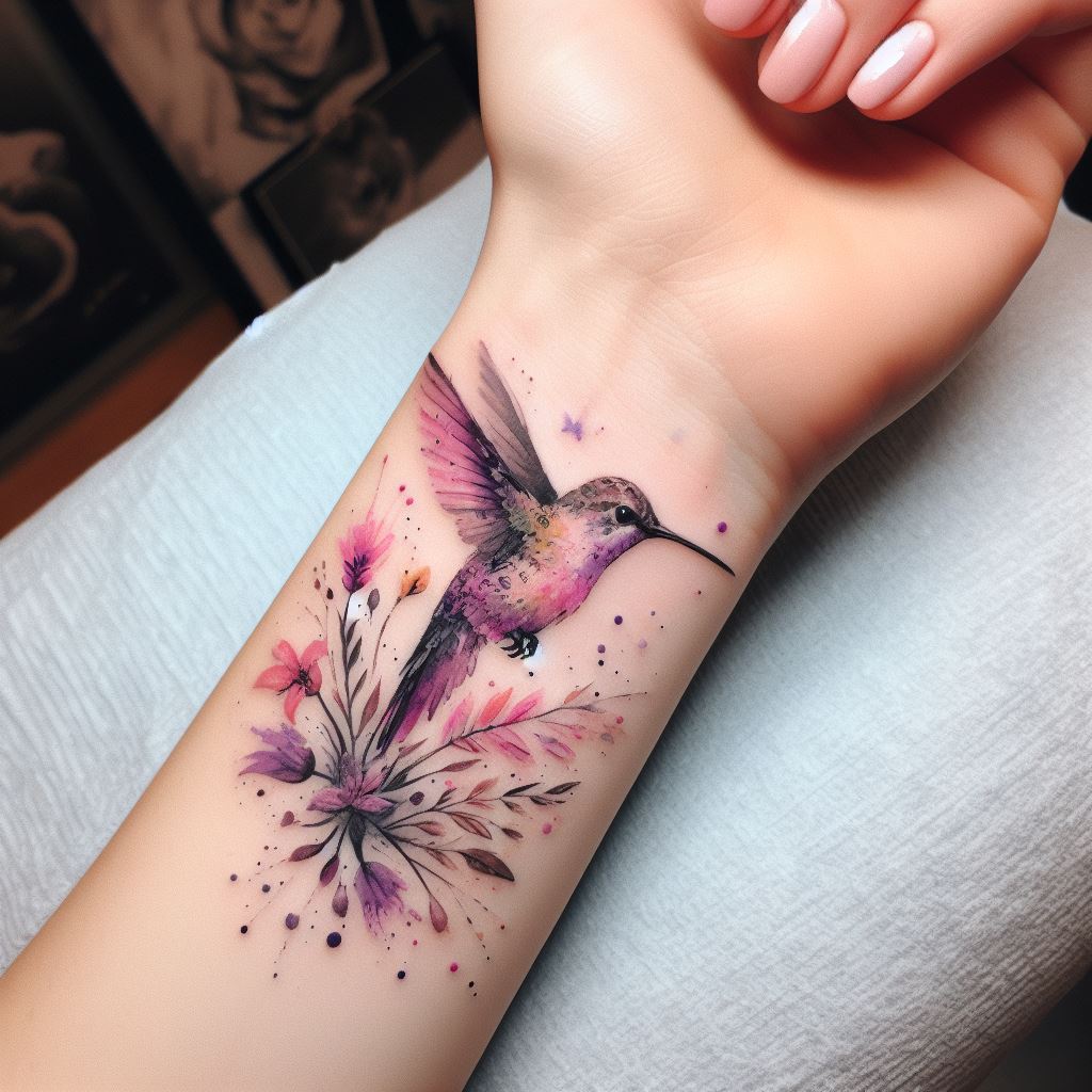 A whimsical hummingbird tattoo on the wrist, designed with watercolor effects that blend seamlessly into the skin. This tattoo showcases the hummingbird hovering over a small cluster of wildflowers, with splashes of pink, purple, and yellow ink that give it a soft, dreamy quality.
