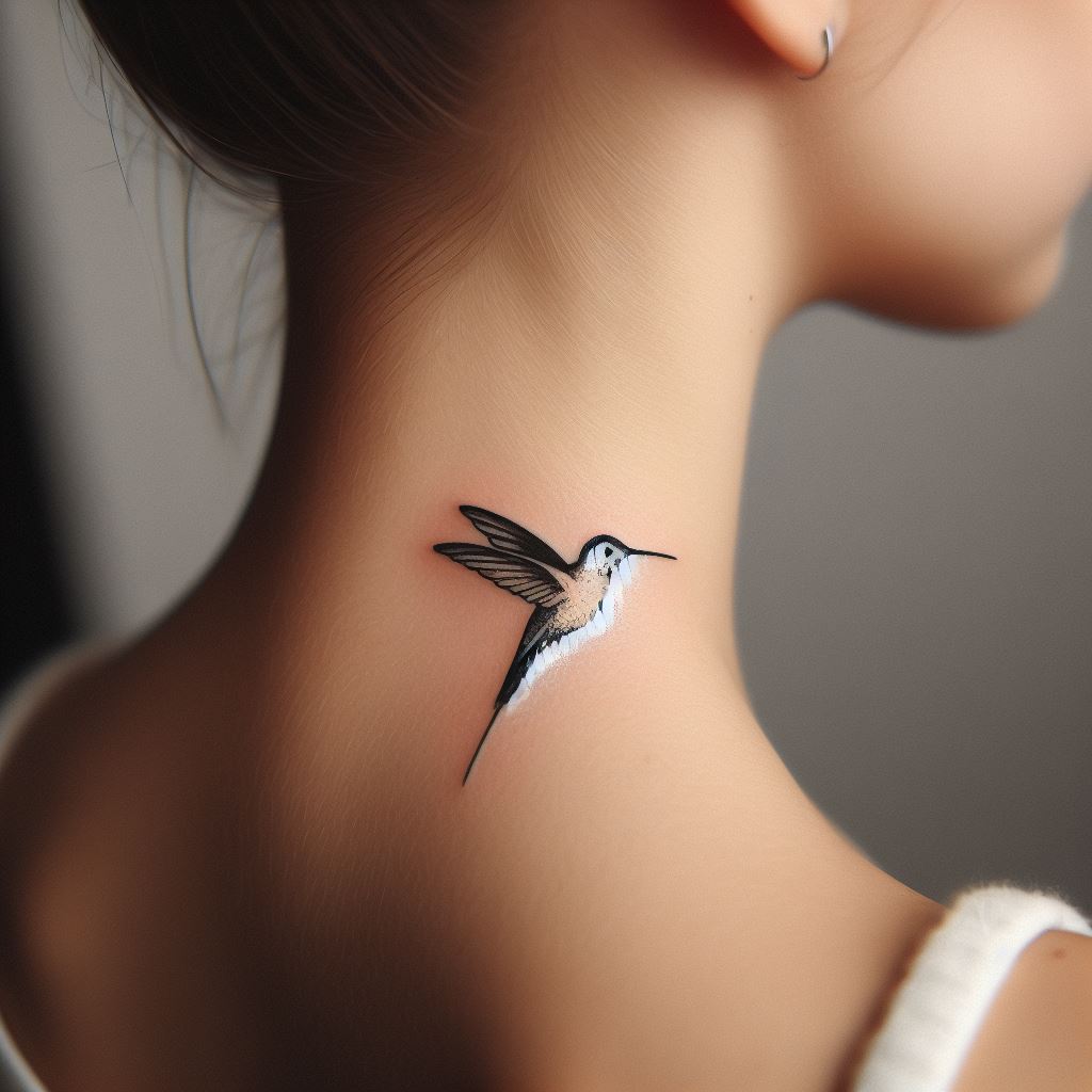 An elegant hummingbird tattoo placed gracefully on the side of the neck. It features a single hummingbird in a minimalist style, outlined in black with subtle hints of color on its feathers. The simplicity of the design highlights the delicate beauty of the hummingbird and makes it a sophisticated choice.