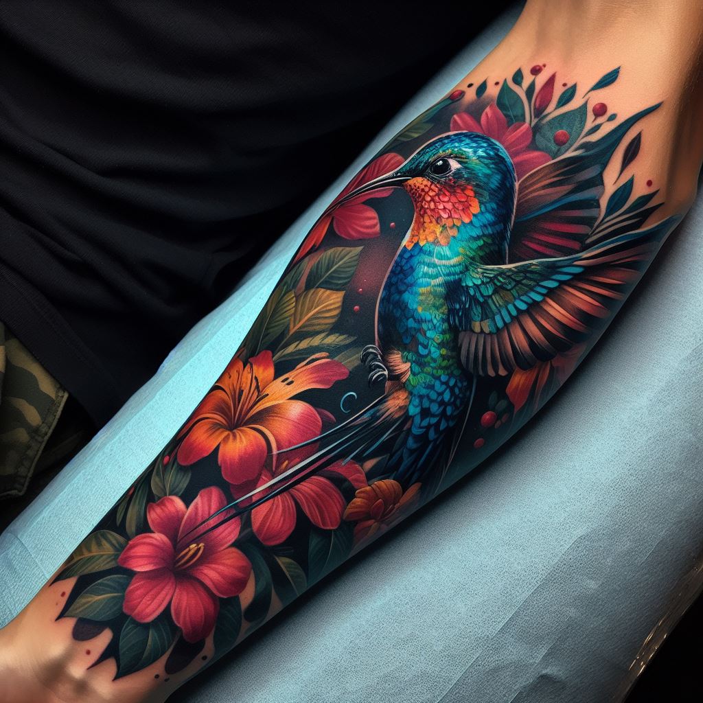 A bold hummingbird tattoo wrapping around the forearm, featuring a dynamic scene of the bird in flight among a garden of tropical flowers. The colors are rich and saturated, with fine details in the bird's feathers and the petals of the flowers, creating a lively and captivating piece of art.