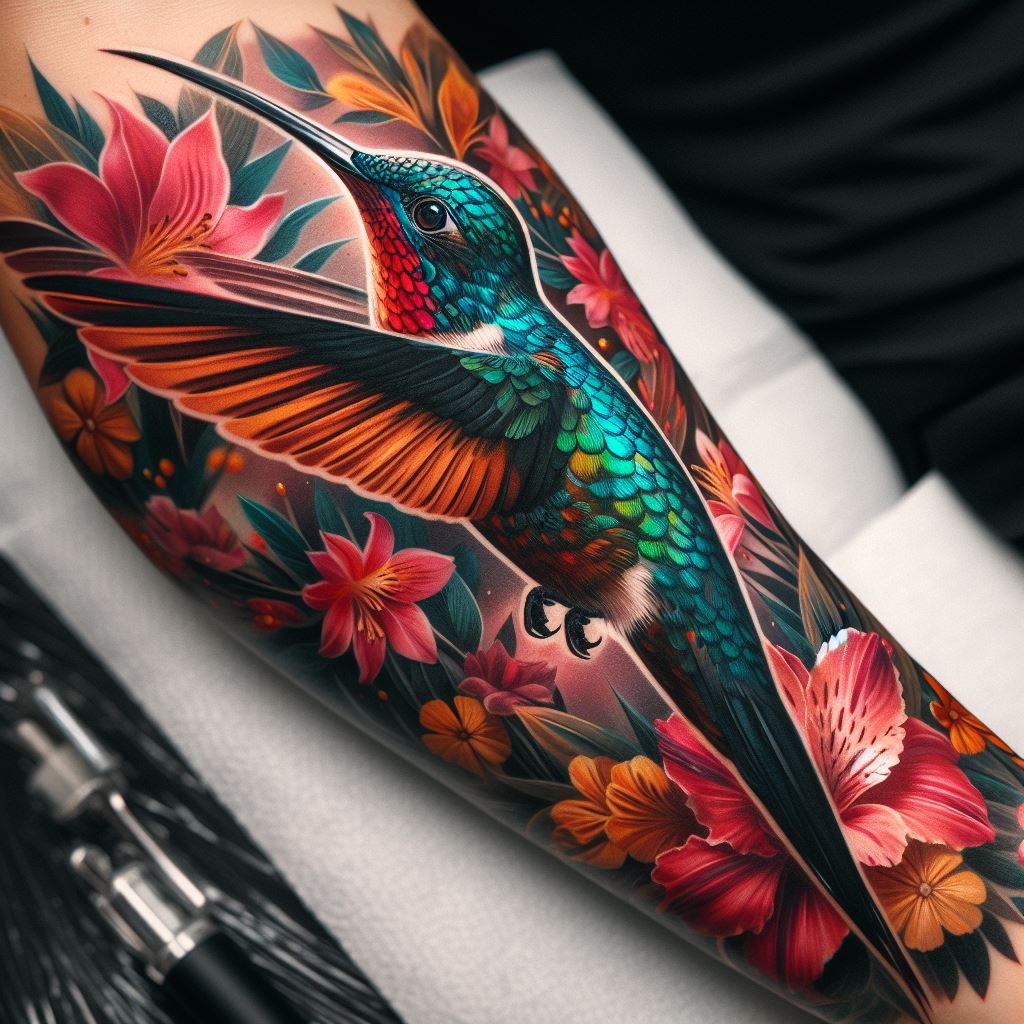 A bold hummingbird tattoo wrapping around the forearm, featuring a dynamic scene of the bird in flight among a garden of tropical flowers. The colors are rich and saturated, with fine details in the bird's feathers and the petals of the flowers, creating a lively and captivating piece of art.