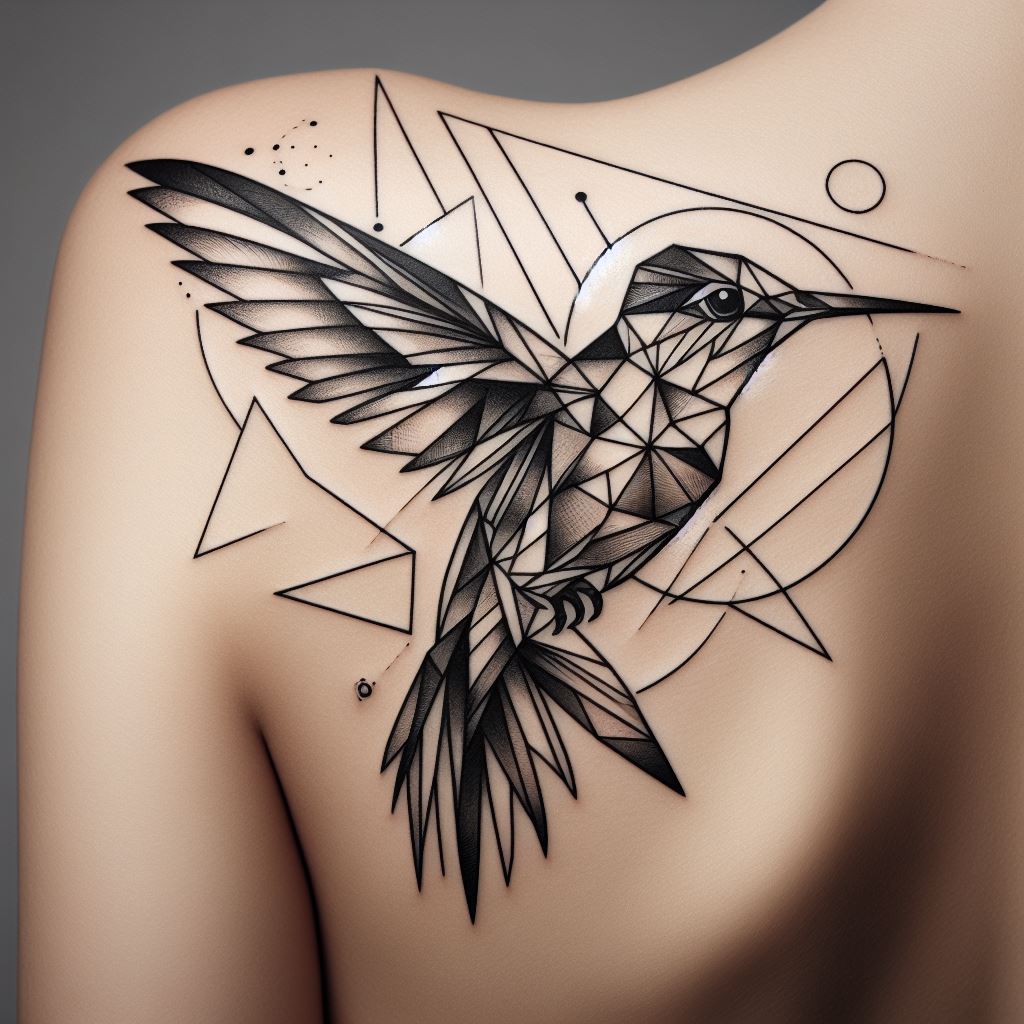 An abstract hummingbird tattoo on the shoulder blade, combining geometric shapes and lines with natural elements. The hummingbird is composed of a series of triangles and circles, yet its movement and grace are clearly depicted. This modern interpretation brings a unique twist to the traditional hummingbird tattoo.