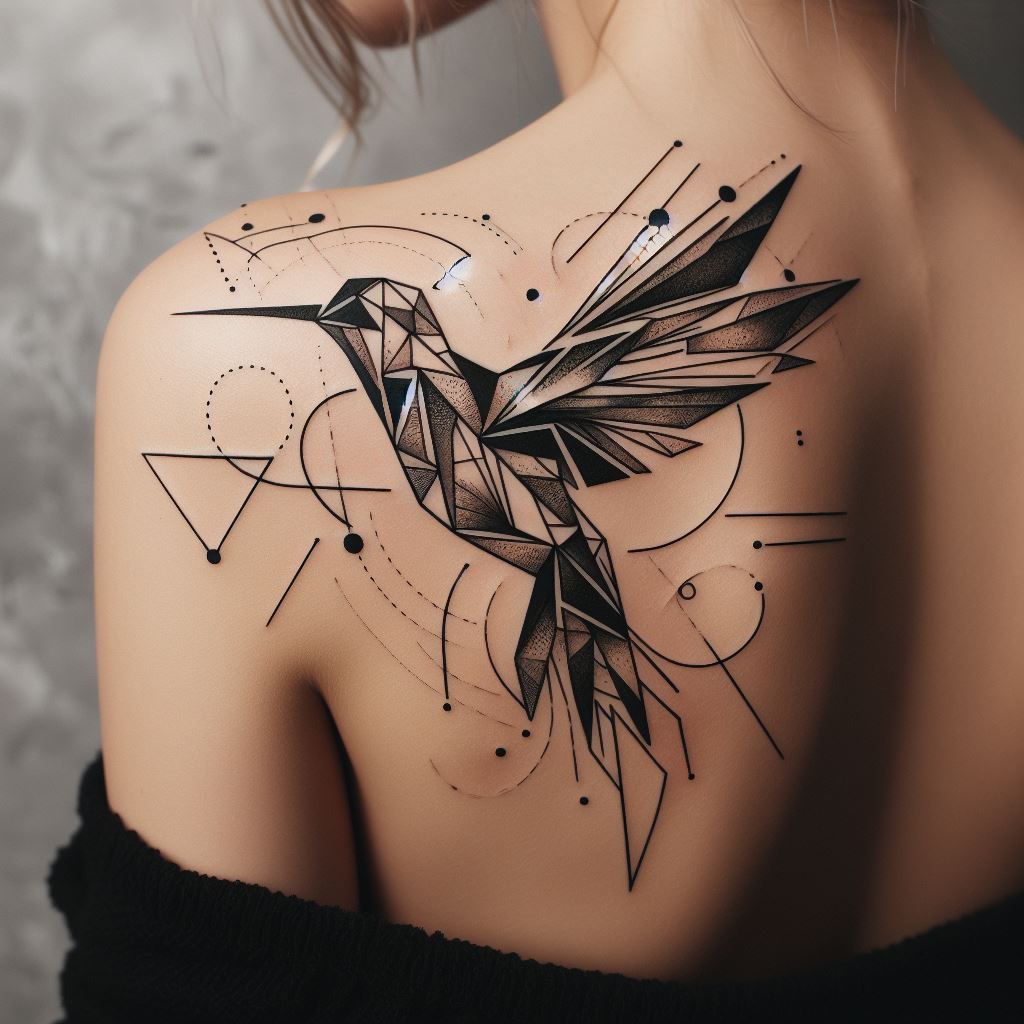 An abstract hummingbird tattoo on the shoulder blade, combining geometric shapes and lines with natural elements. The hummingbird is composed of a series of triangles and circles, yet its movement and grace are clearly depicted. This modern interpretation brings a unique twist to the traditional hummingbird tattoo.