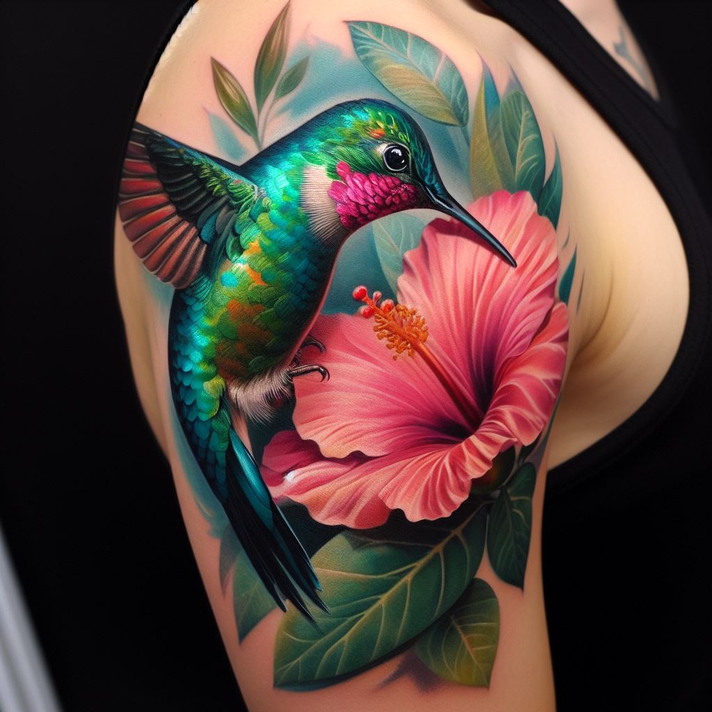 A vibrant hummingbird tattoo on the upper arm, showcasing the bird in a realistic style as it dips its beak into a blooming flower. The depth of color and detail in both the hummingbird and the flower creates a stunning, lifelike appearance that draws the eye and tells a story of nature's beauty.