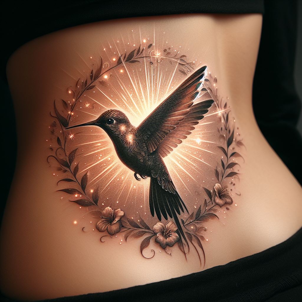 An exquisite hummingbird tattoo located on the lower back, featuring the bird surrounded by a halo of light and small, delicate flowers. The use of light and shadow in this tattoo gives it a radiant quality, with the hummingbird appearing as if it's glowing, making it a truly enchanting design.