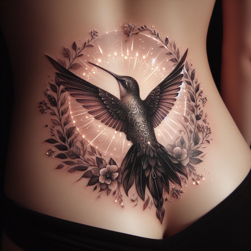 An exquisite hummingbird tattoo located on the lower back, featuring the bird surrounded by a halo of light and small, delicate flowers. The use of light and shadow in this tattoo gives it a radiant quality, with the hummingbird appearing as if it's glowing, making it a truly enchanting design.