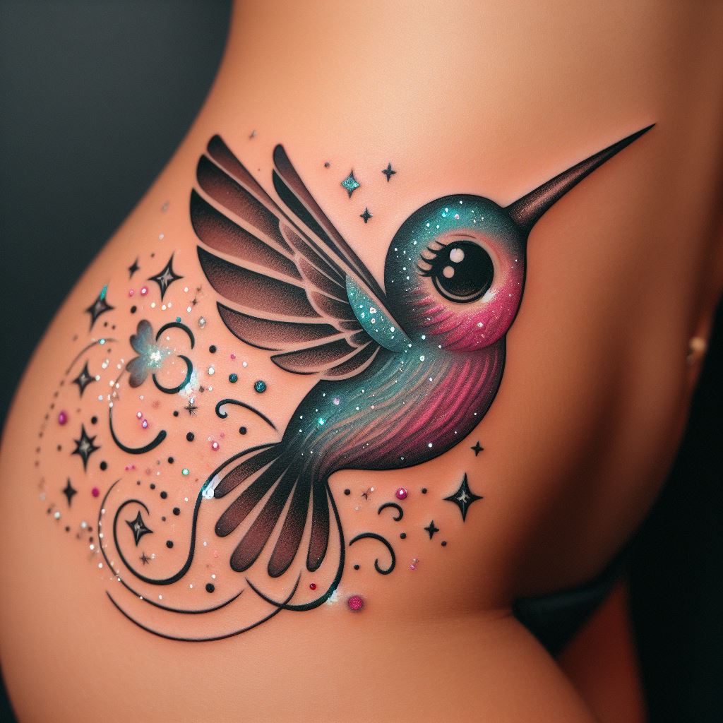 A playful hummingbird tattoo on the hip, designed with a touch of whimsy. This tattoo portrays the hummingbird with oversized, expressive eyes and a trail of glittering stardust behind it as it flies, adding a magical and fun element to the design.