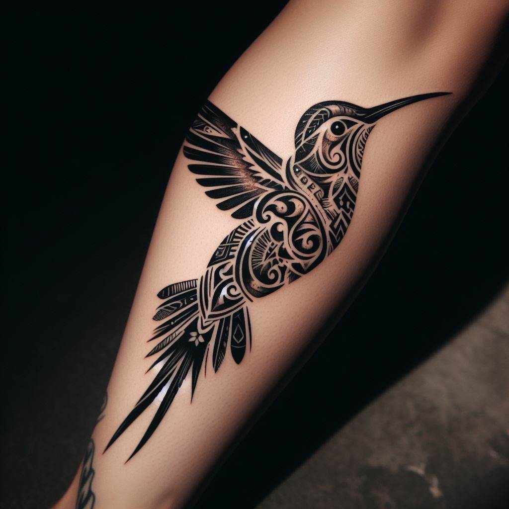 An artistic hummingbird tattoo on the calf, blending traditional tribal patterns with the natural form of the hummingbird. The tattoo uses bold, black lines to create the outline of the bird, filled with intricate tribal motifs that pay homage to cultural heritage while celebrating the beauty of the natural world.