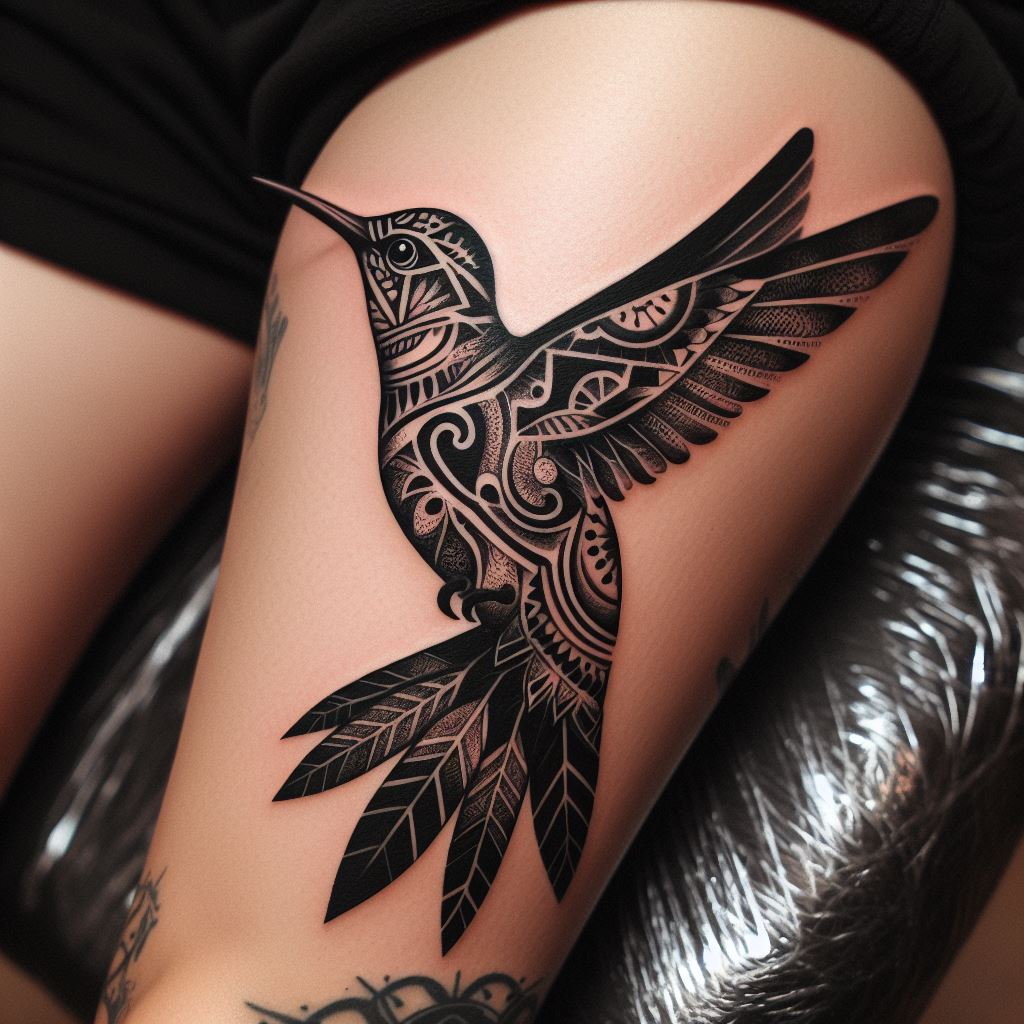 An artistic hummingbird tattoo on the calf, blending traditional tribal patterns with the natural form of the hummingbird. The tattoo uses bold, black lines to create the outline of the bird, filled with intricate tribal motifs that pay homage to cultural heritage while celebrating the beauty of the natural world.