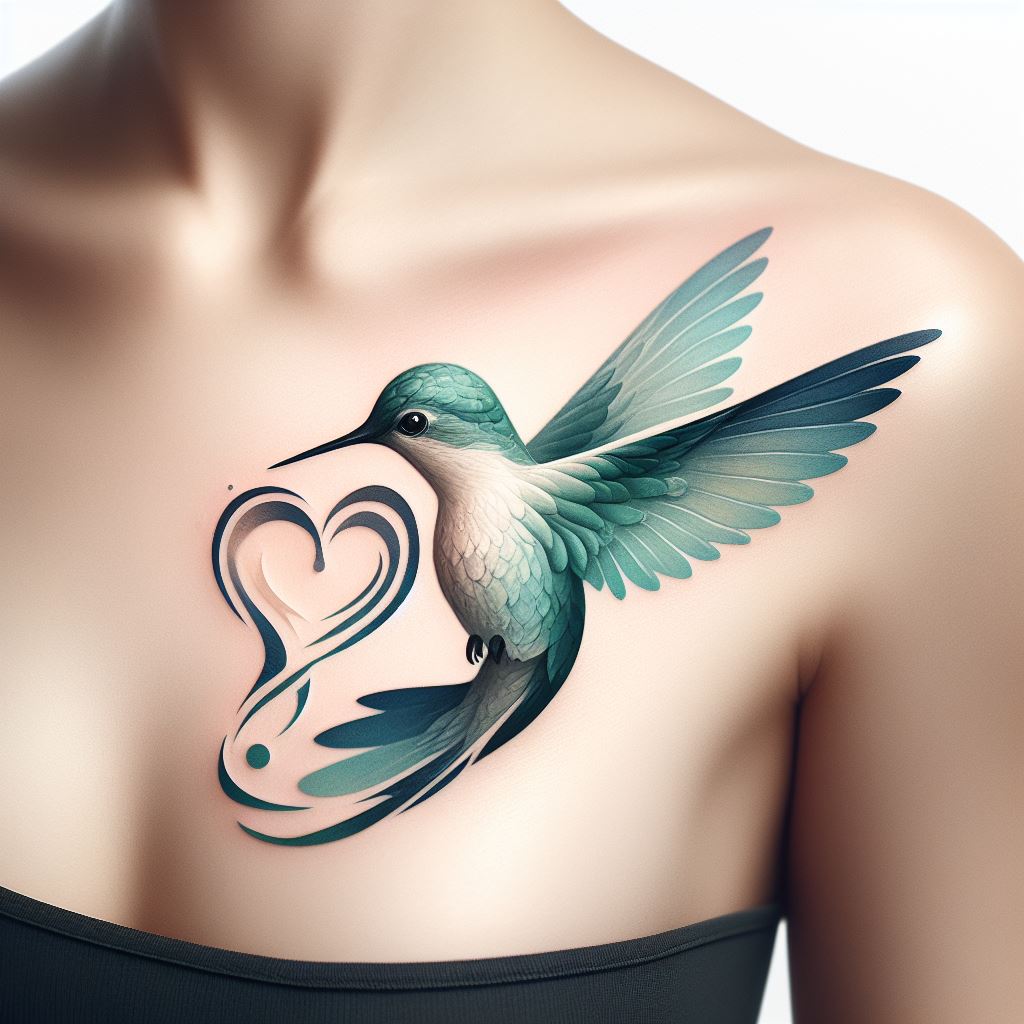 A serene hummingbird tattoo on the chest, right over the heart. This design features a hummingbird in a peaceful pose, with its wings gently folded by its sides. The tattoo uses soft shades of green and blue, creating a calming and harmonious effect, symbolizing love, joy, and the heartbeat of life.