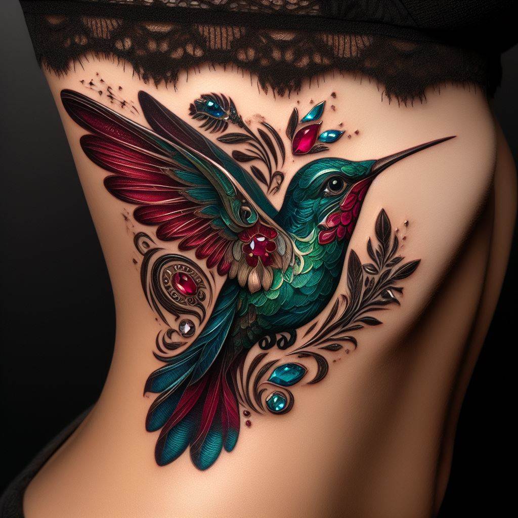 An ornate hummingbird tattoo adorning the side of the rib cage, intricately designed with jewel tones of ruby, emerald, and sapphire. The hummingbird is depicted in a poised position, with its delicate wings intricately detailed to reflect the light, giving the impression of a living gemstone nestled against the skin.