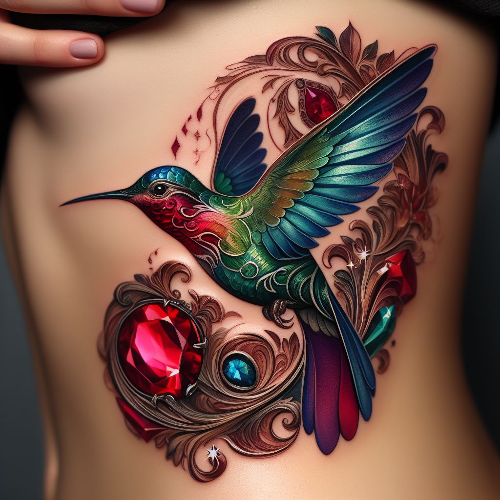An ornate hummingbird tattoo adorning the side of the rib cage, intricately designed with jewel tones of ruby, emerald, and sapphire. The hummingbird is depicted in a poised position, with its delicate wings intricately detailed to reflect the light, giving the impression of a living gemstone nestled against the skin.