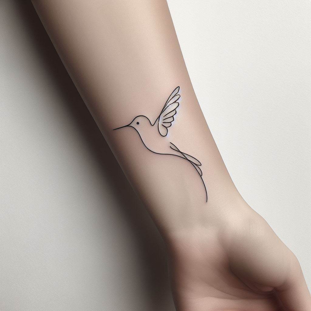 A minimalist hummingbird tattoo on the inner forearm, featuring a single line drawing of a hummingbird in flight. This tattoo emphasizes elegance through simplicity, with the continuous line capturing the essence of the hummingbird's swift movement and grace, creating a subtle yet striking piece.
