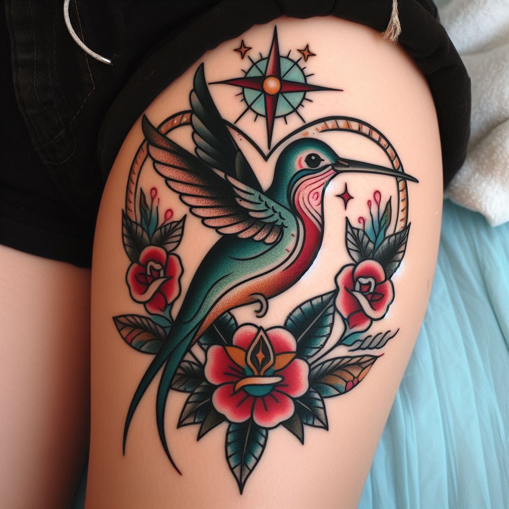 A nostalgic hummingbird tattoo on the calf, inspired by traditional American tattoo art. The hummingbird is paired with classic elements like roses and nautical stars, all framed within a heart-shaped outline. The bold lines and vibrant colors pay homage to the roots of tattooing while celebrating the joy and lightness of the hummingbird.