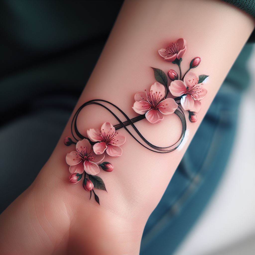 A meticulously designed infinity symbol tattoo, seamlessly incorporating delicate cherry blossoms, positioned elegantly on the wrist. The blossoms flow gently around the infinity symbol, symbolizing eternal spring and renewal, with subtle shades of pink and green to add depth and life to the design.