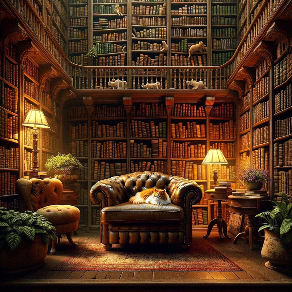 A cozy library corner with overstuffed chairs and towering bookshelves, a cat curled up in one of the chairs. The caption reads, "When you finally find the perfect spot in the library but realize you forgot your book at home."