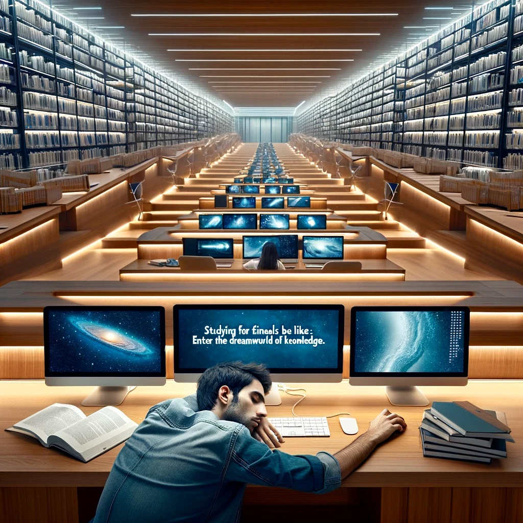 A modern library with sleek designs and computers on every desk. In the foreground, a student asleep on a keyboard, surrounded by open books. The caption reads, "Studying for finals be like: Enter the dreamworld of knowledge."