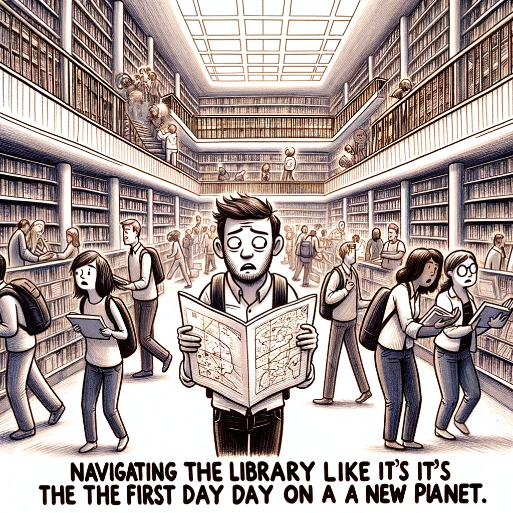 A bustling library scene with students and researchers moving between the shelves. In the center, a confused person holding a map of the library looks bewildered. The caption reads, "Navigating the library like it's the first day on a new planet."