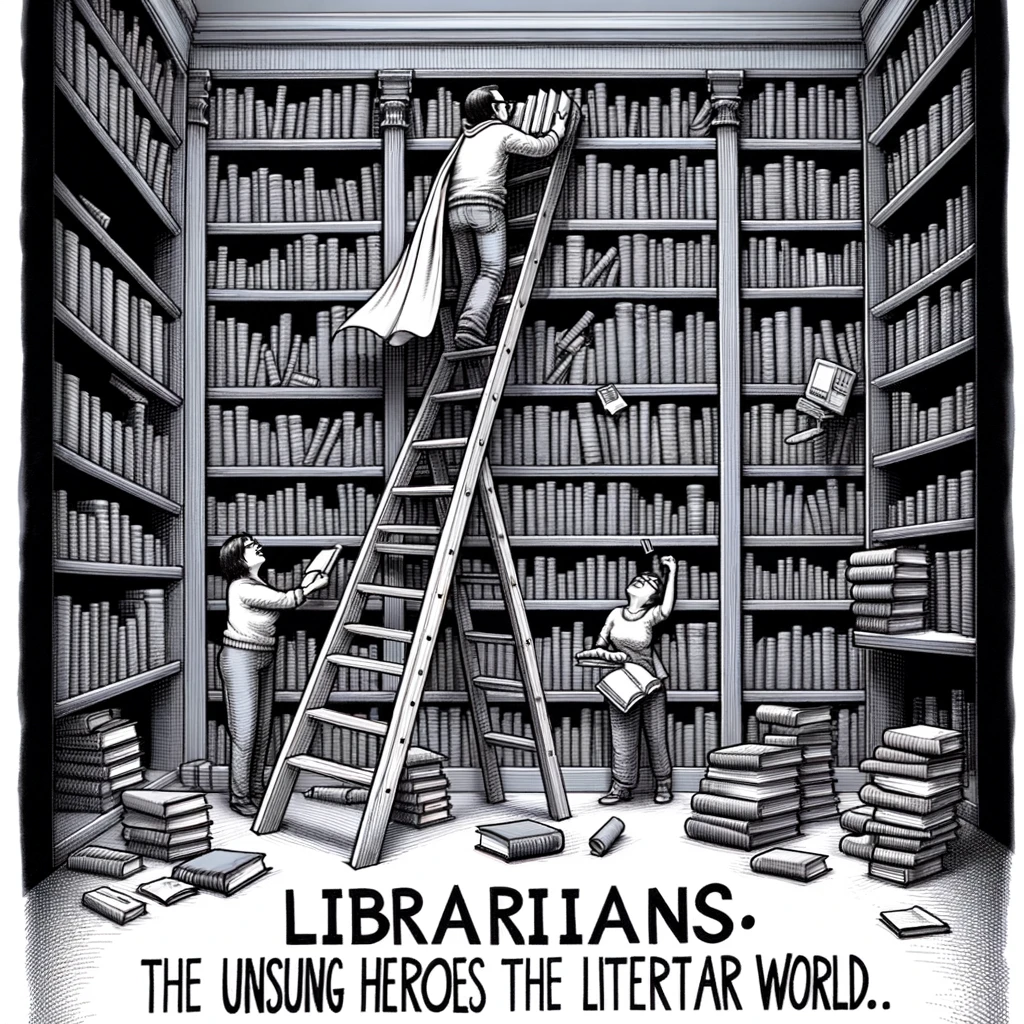 A library with shelves bending under the weight of books, a ladder leaning against one shelf. A librarian is perched on the ladder, reaching for a book, with a superhero cape flowing behind. The caption reads, "Librarians: the unsung heroes of the literary world."