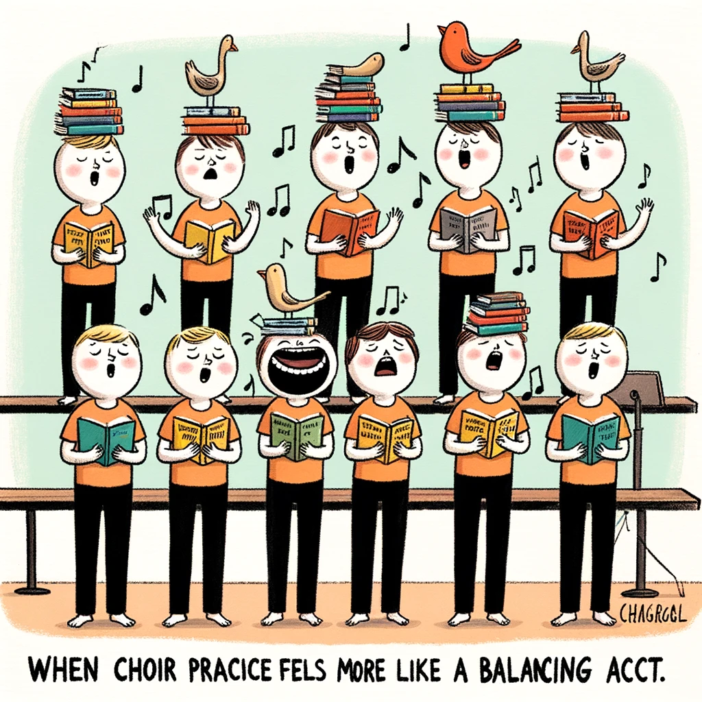 An amusing image depicting a choir group trying to sing while balancing books on their heads, as a posture exercise. The caption reads, "When choir practice feels more like a balancing act."