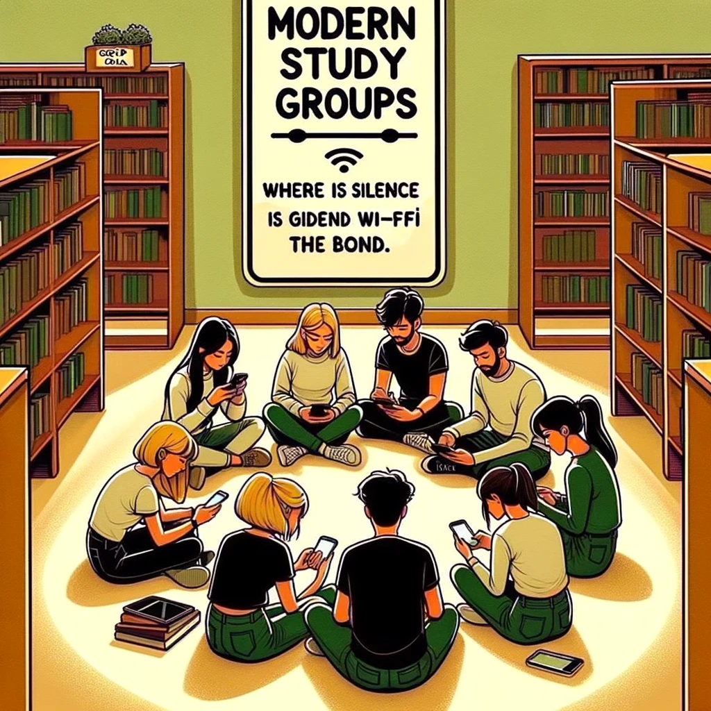 A group of students sitting in a circle on the floor of a library, all looking at their phones. In the background, a sign reads "Group Study Area." The caption reads, "Modern study groups: where silence is golden and Wi-Fi is the bond."